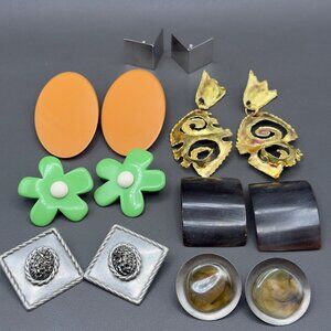 Vintage Clip-On Earrings Lot Of 6 Pairs Mixed Styles Metal Resin Retro Designs